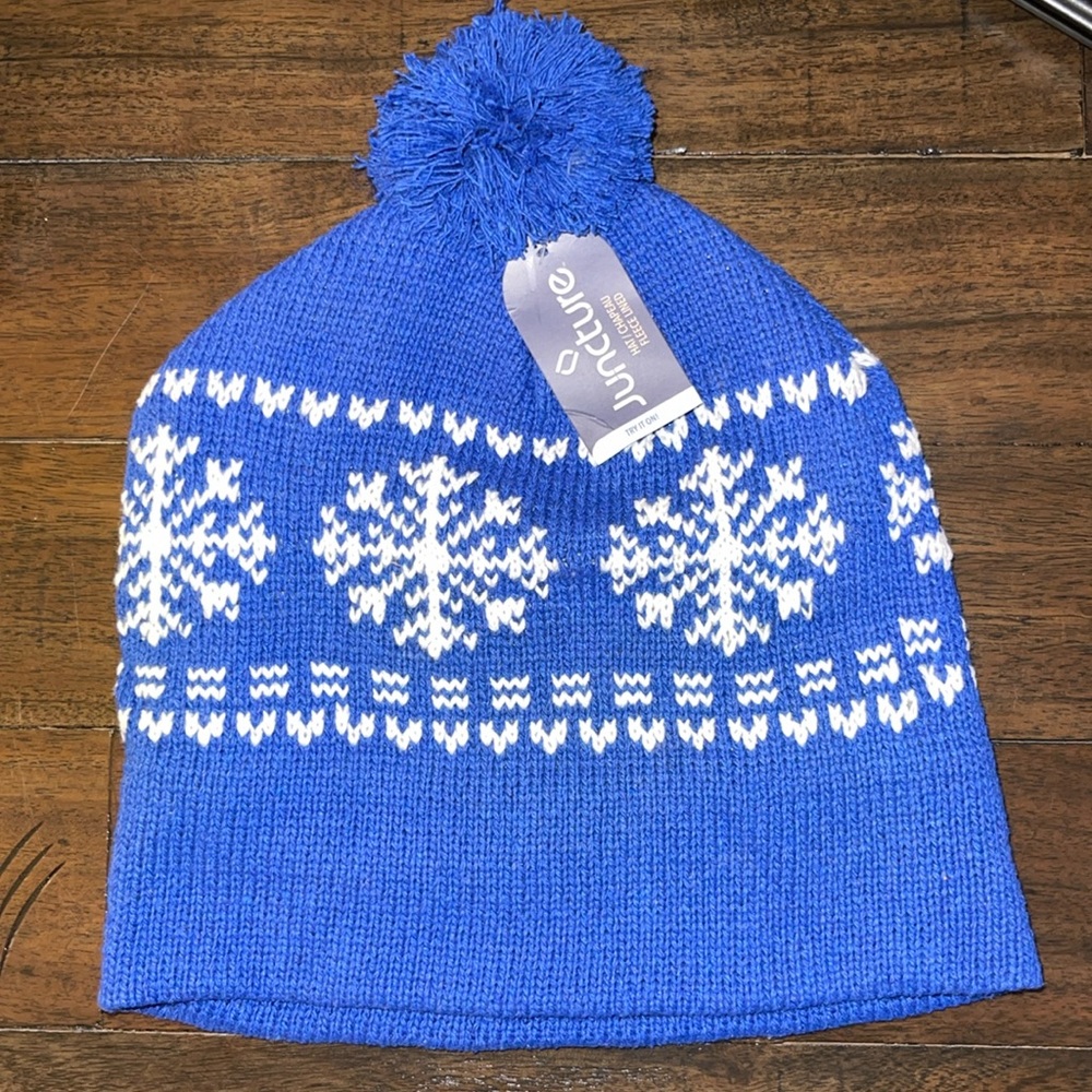 Juncture Winter Hat with Pom Pom Royal Blue with White Snowflakes